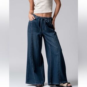 238. Wide leg drawstring denim lounge pants in dark wash